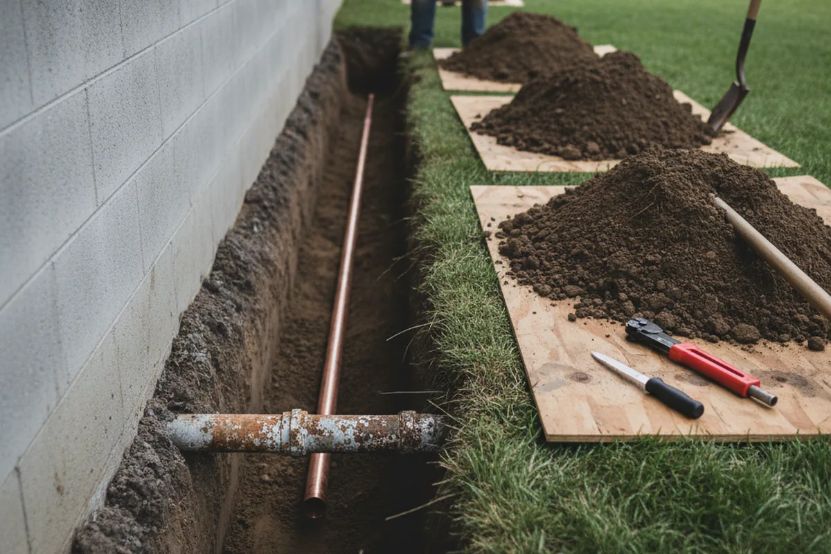 Excavated water line trench during Sewer Line Repair in Weatogue